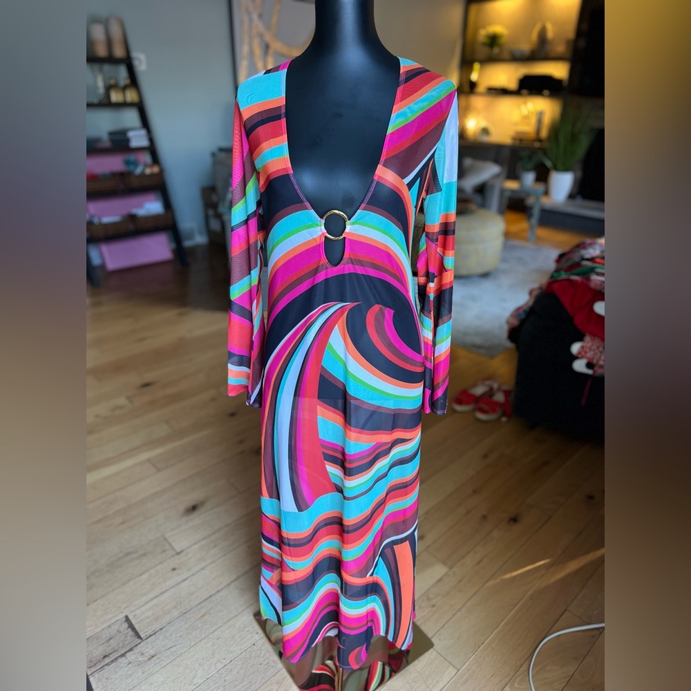 Swoop Long Sleeve Mesh Cover-Up Maxi Dress